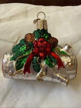 OWC Old World Christmas Yule Log glass ornament pine cones & red bow